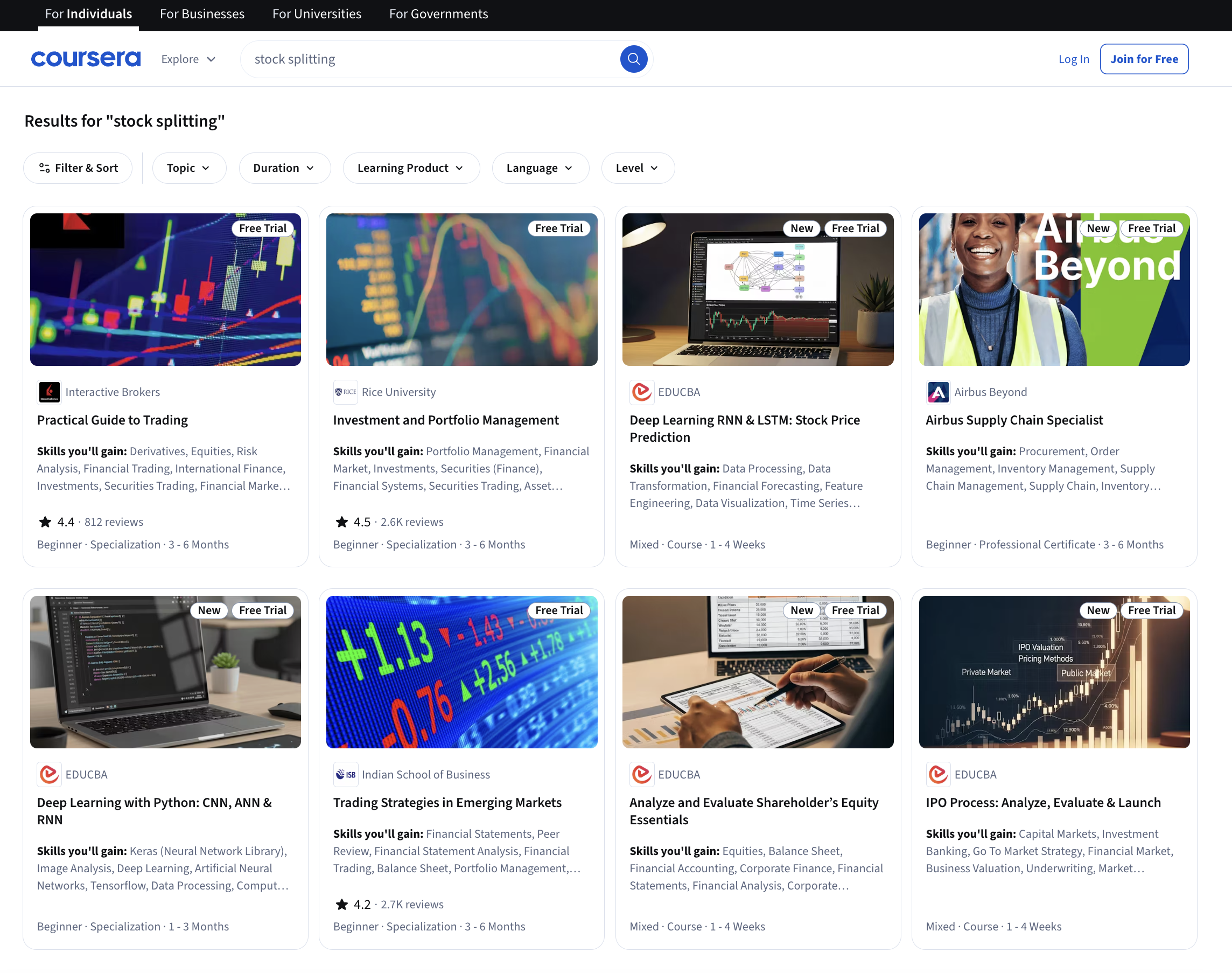 Coursera results - generic course listings